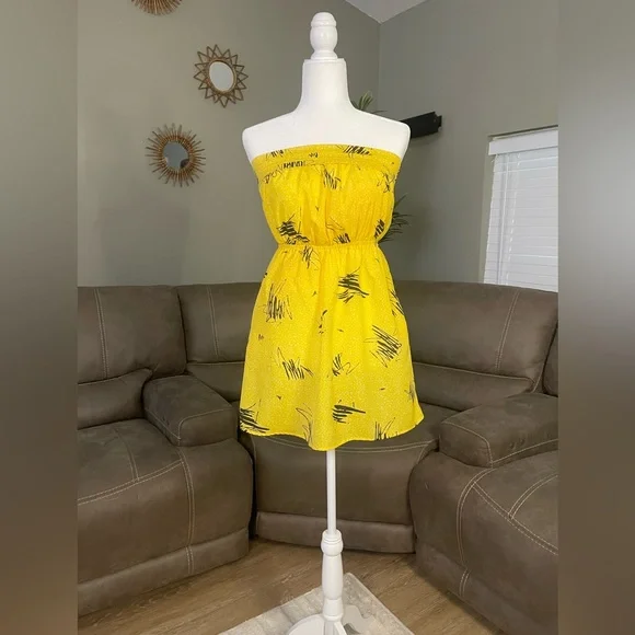 MiMi Chica Yellow & Grey Patterned Strapless Sun Dress S Spring Summern Beach - Picture 2 of 10
